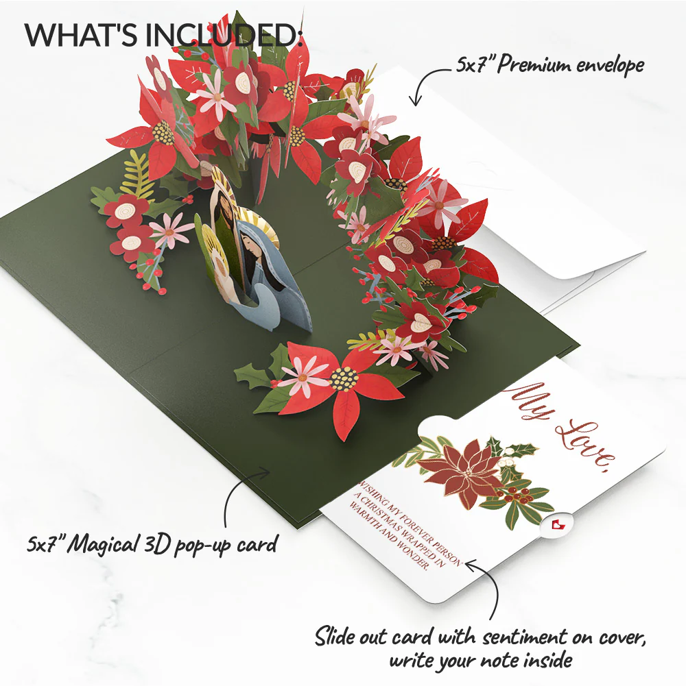 A Child Is Born Christmas Pop-Up Card and Poinsettia Love Sentiment Set for Partner - Image 2
