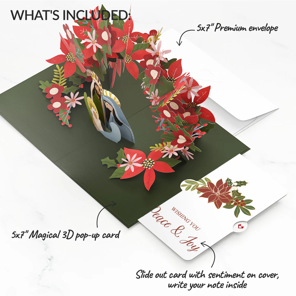 A Child Is Born Christmas Pop-Up Card and Poinsettia Peace & Joy Sentiment Set - Image 2