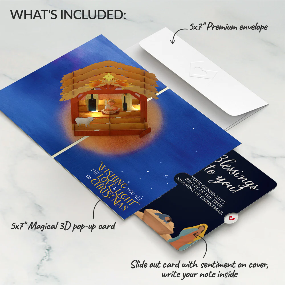 A Child is Born Nativity Christmas Light-Up Pop-Up Card and Blessings Sentiment Set - Image 2
