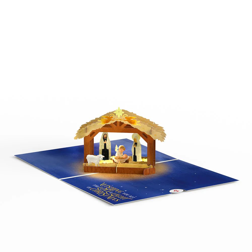 A Child is Born Nativity Christmas Light-Up Pop-Up Card and Blessings Sentiment Set - Image 3