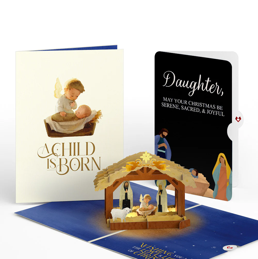 A Child is Born Nativity Christmas Light-Up Pop-Up Card and Sentiment Set for Daughter