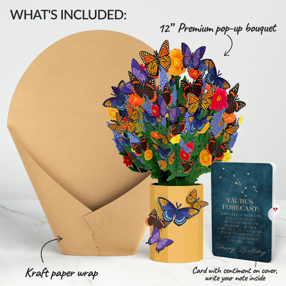 Brilliant Butterfly Birthday Bouquet and Taurus Zodiac Sentiment Set - Image 2
