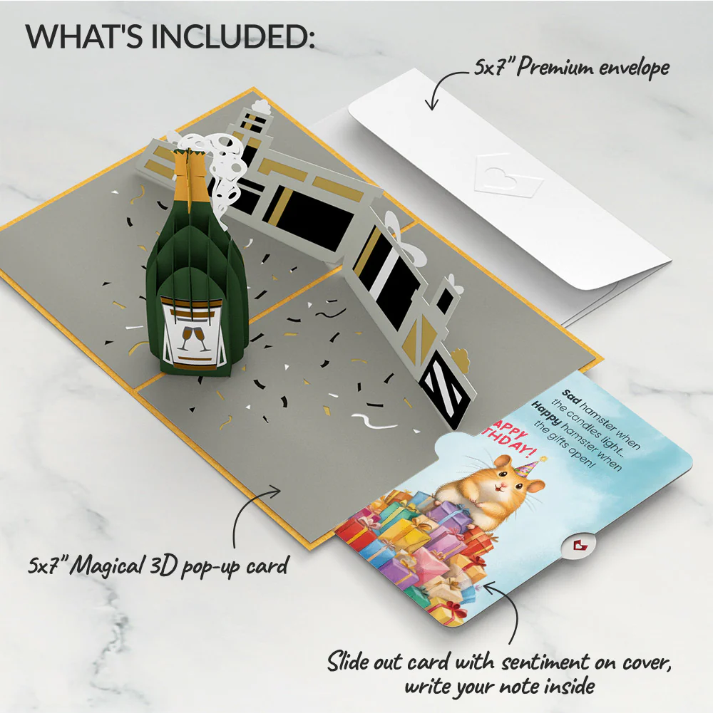 Champagne Celebration Birthday Pop-Up Card and Happy Hamster Sentiment Set - Image 2