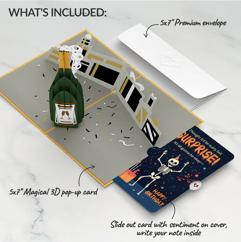 Champagne Celebration Birthday Pop-Up Card and Surprise Skeleton Sentiment Set - Image 2