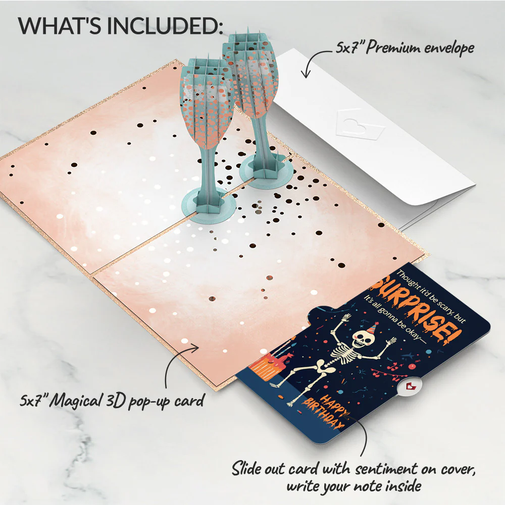 Champagne Toast Birthday Pop-Up Card and Surprise Skeleton Sentiment Set - Image 2