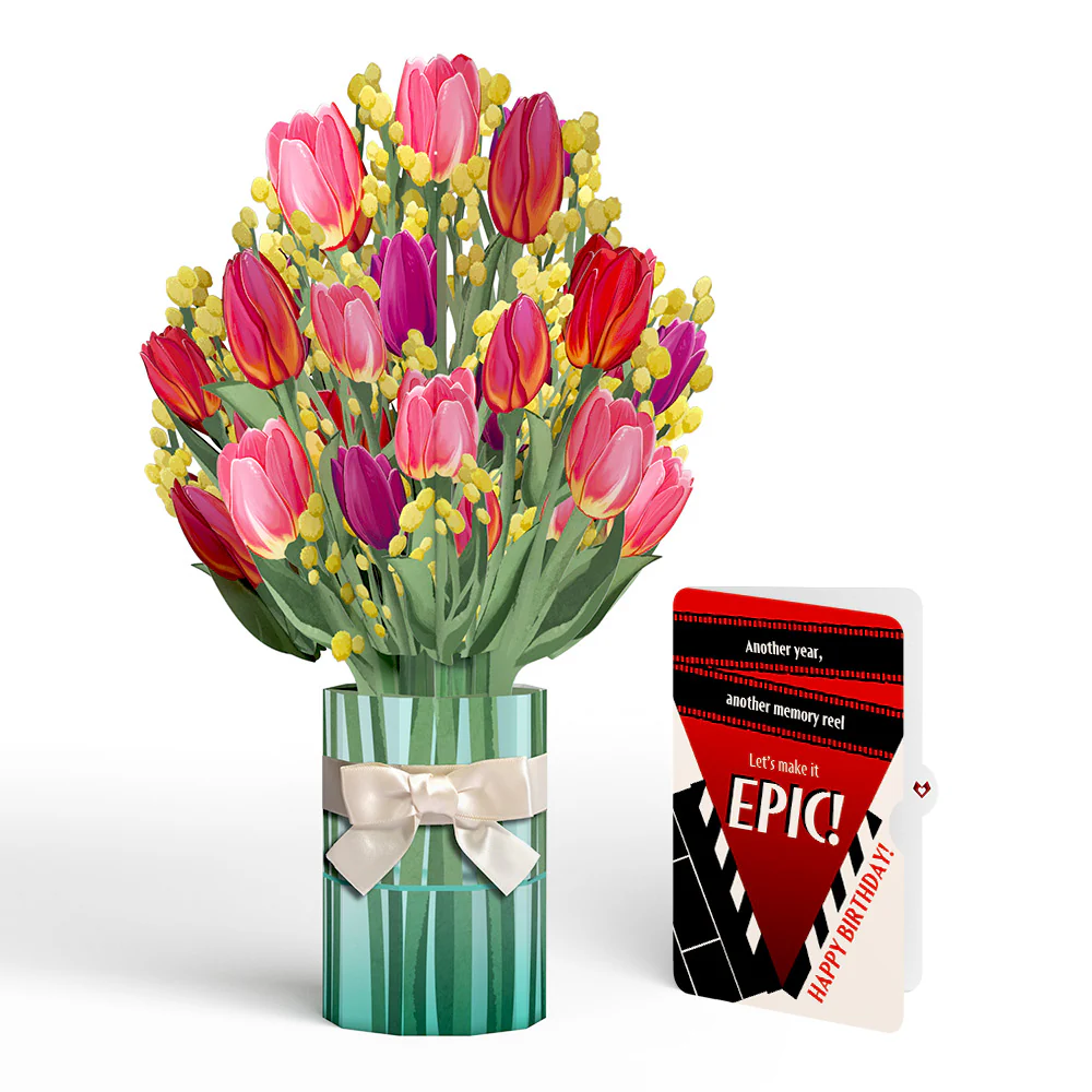 Cheerful Tulips Birthday Bouquet and Epic Reel Sentiment Set