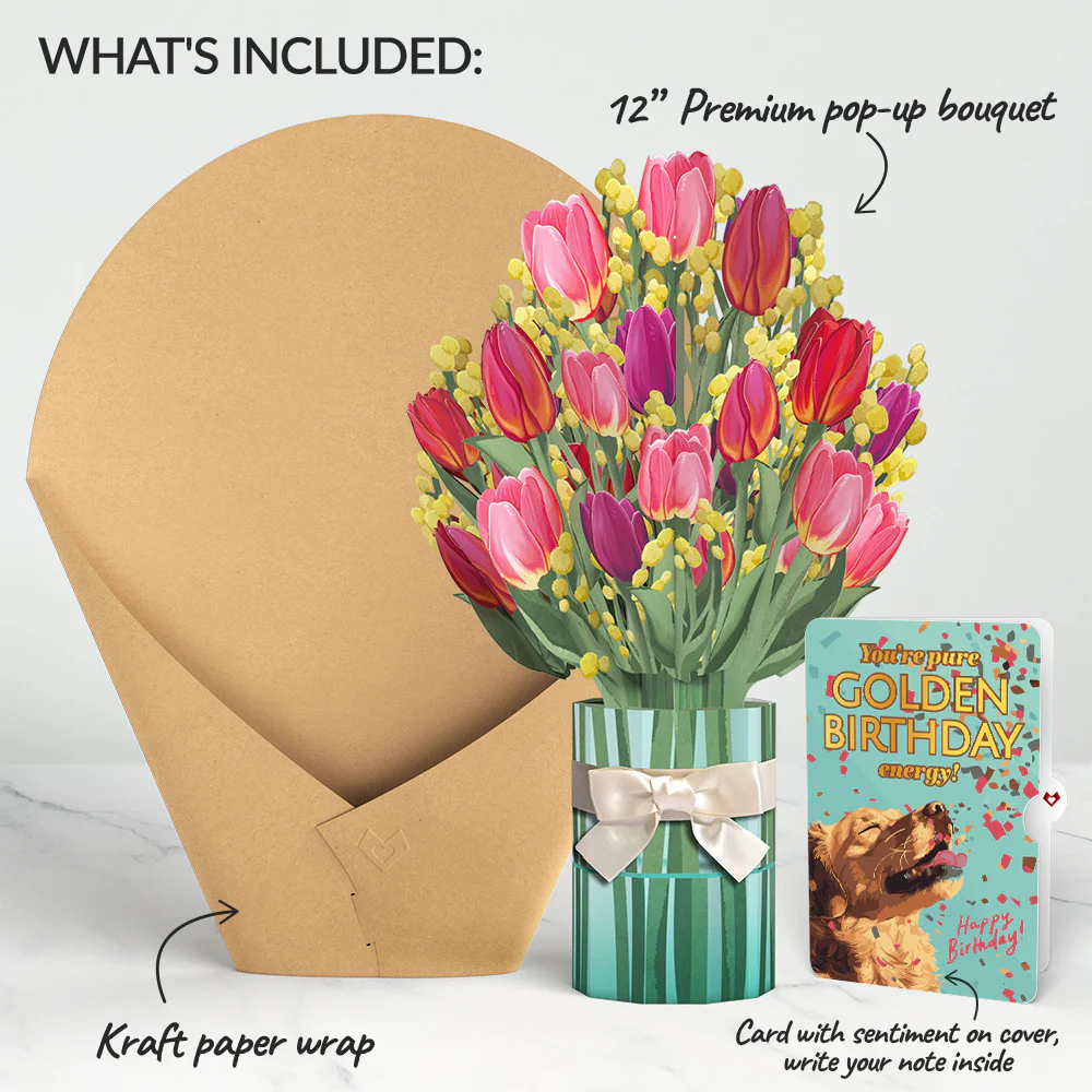 Cheerful Tulips Birthday Bouquet and Golden Energy Sentiment Set - Image 2