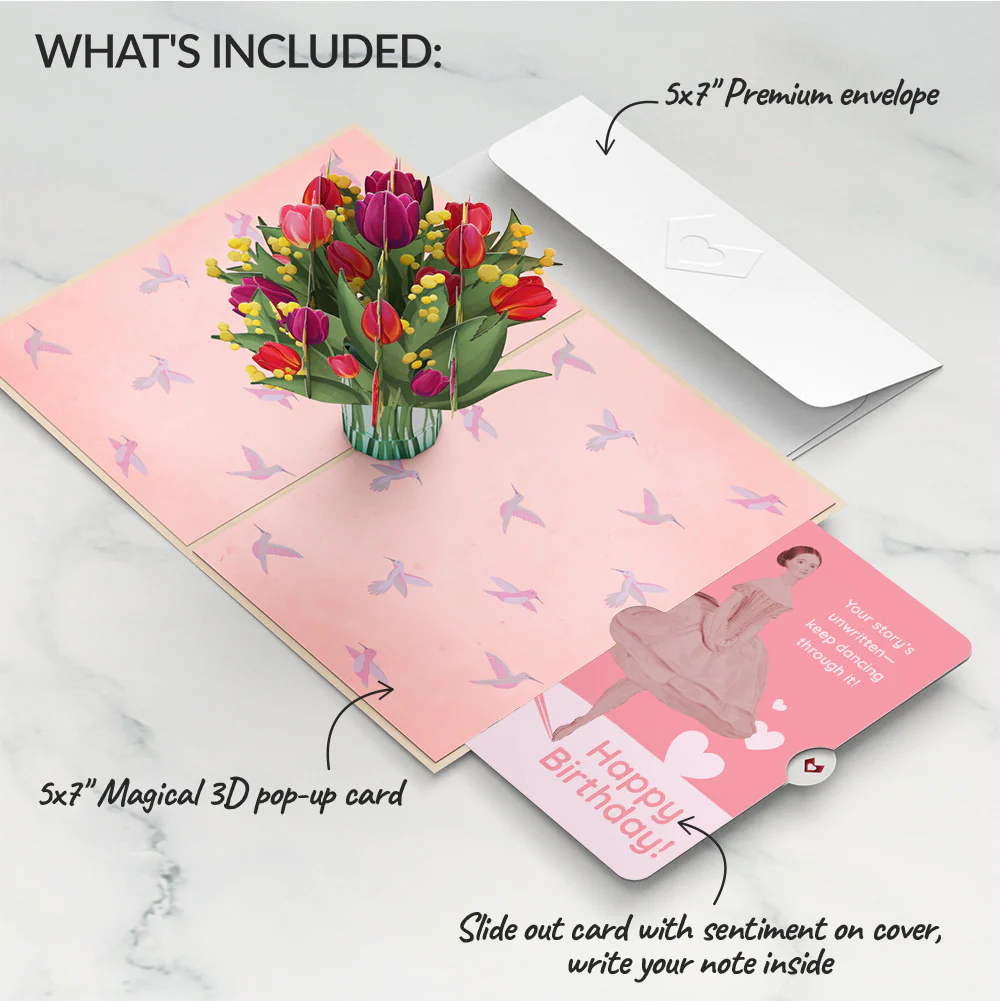 Cheerful Tulips Birthday Pop-Up Card and Dancing Through Life Sentiment Set - Image 2