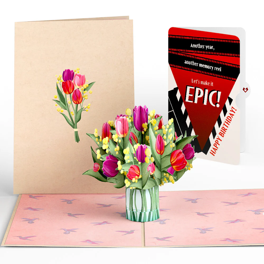 Cheerful Tulips Birthday Pop-Up Card and Epic Reel Sentiment Set