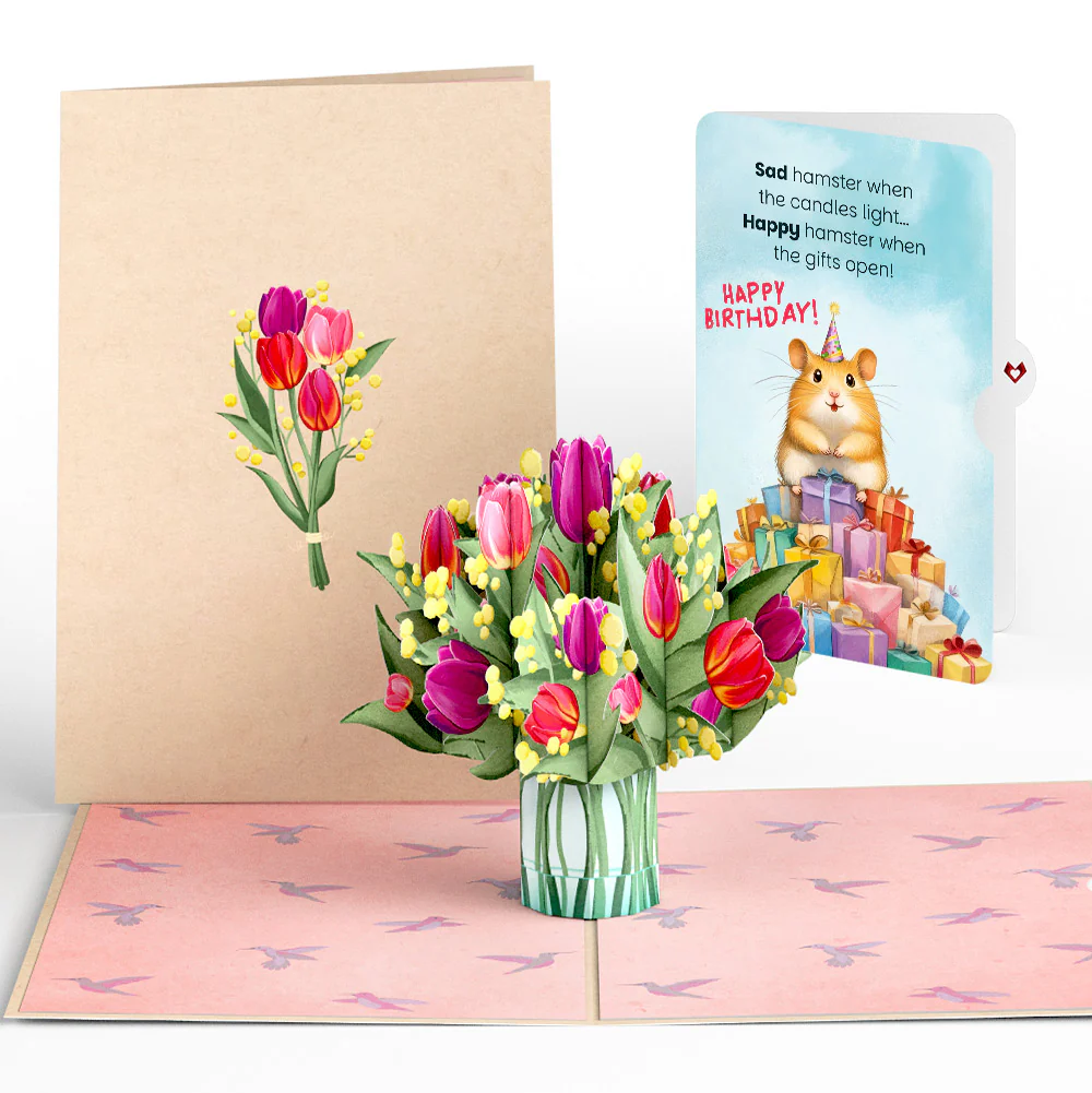 Cheerful Tulips Birthday Pop-Up Card and Happy Hamster Sentiment Set