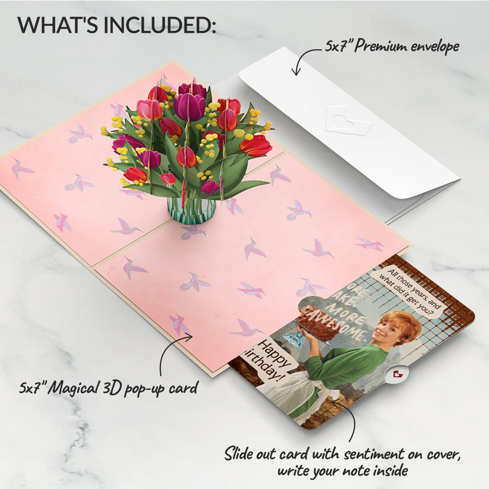Cheerful Tulips Birthday Pop-Up Card and More Cake More Awesome Sentiment Set - Image 2