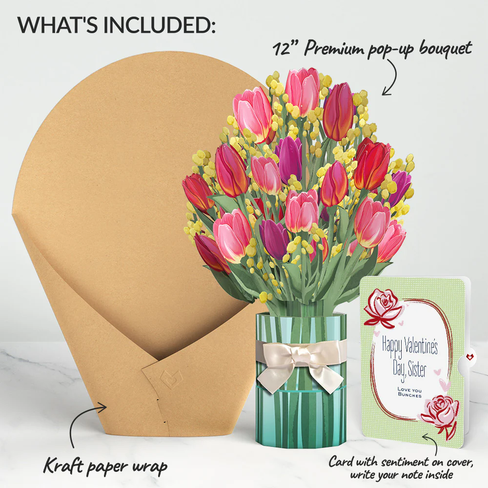 Cheerful Tulips Valentine Bouquet and Sweet Rose Sentiment Set for Sister - Image 2