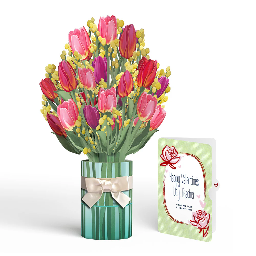 Cheerful Tulips Valentine Bouquet and Sweet Rose Sentiment Set for Teacher