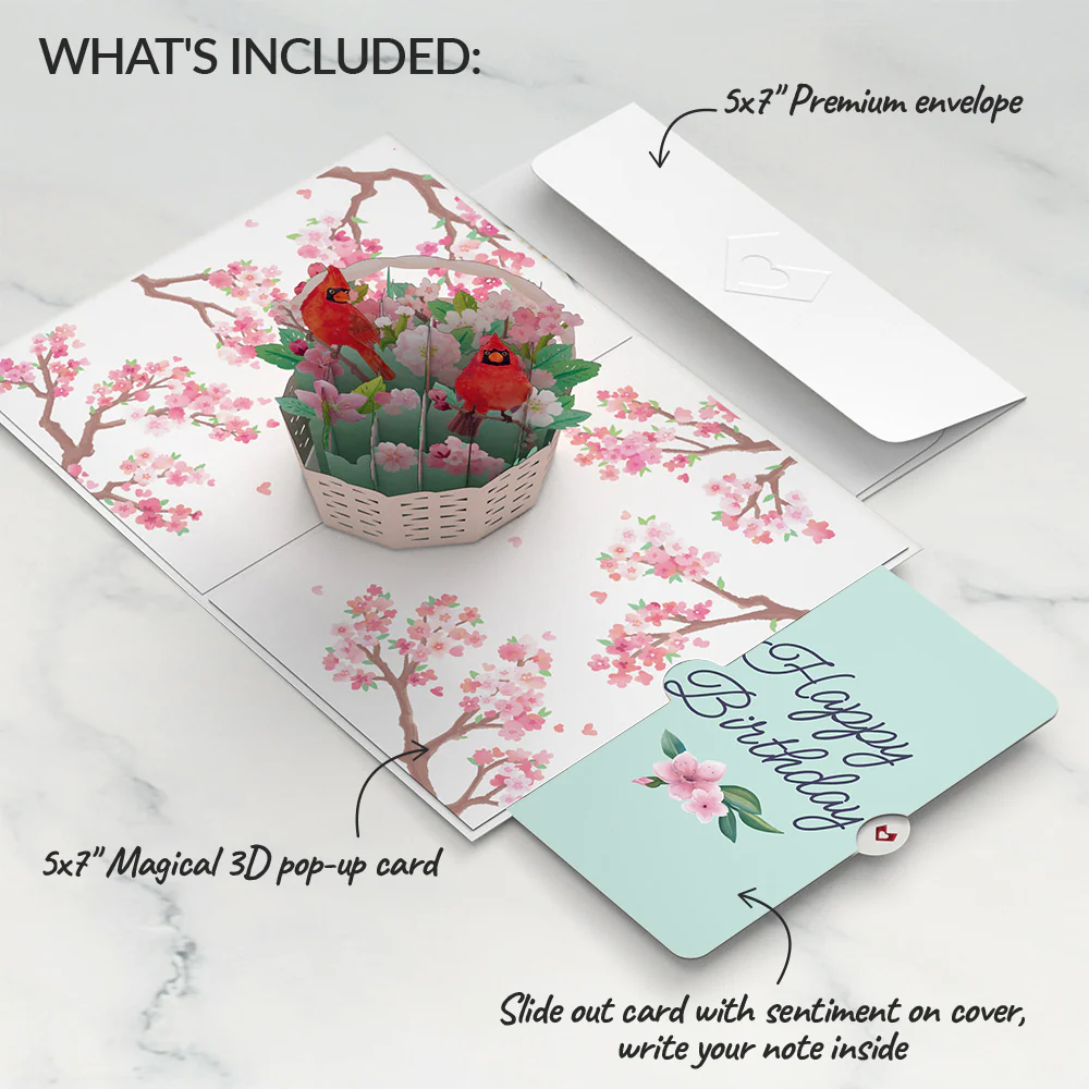 Cherry Blossom Basket with Cardinals Birthday Pop-Up Card and Sentiment Set - Image 2