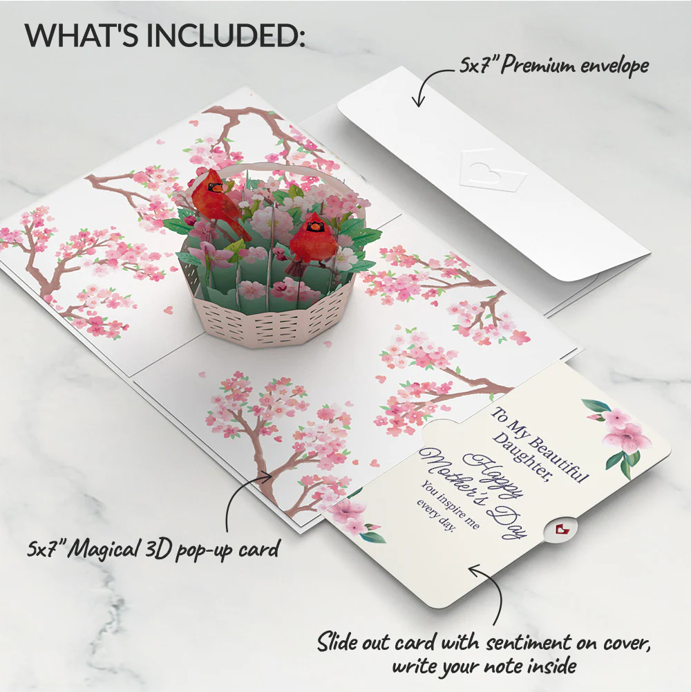 Cherry Blossom Basket with Cardinals Mother's Day Pop-Up Card and Sentiment Set for Daughter - Image 2