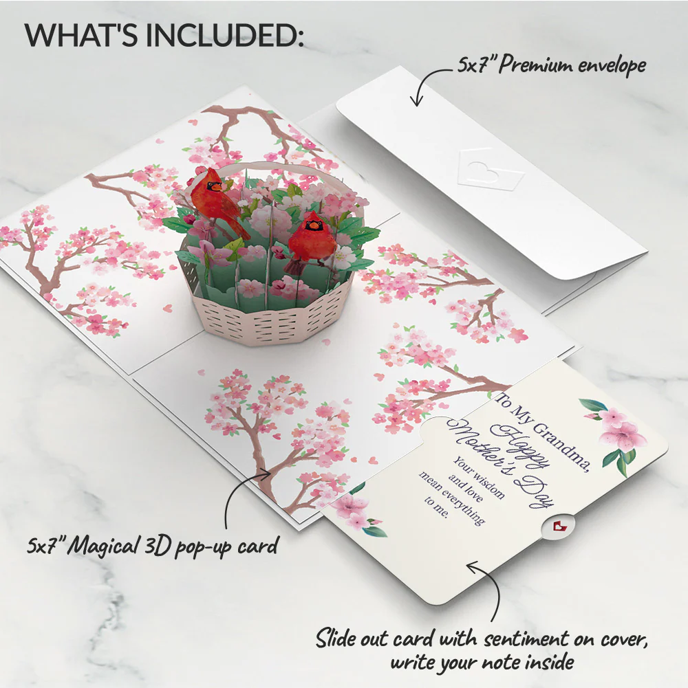 Cherry Blossom Basket with Cardinals Mother's Day Pop-Up Card and Sentiment Set for Grandma - Image 2