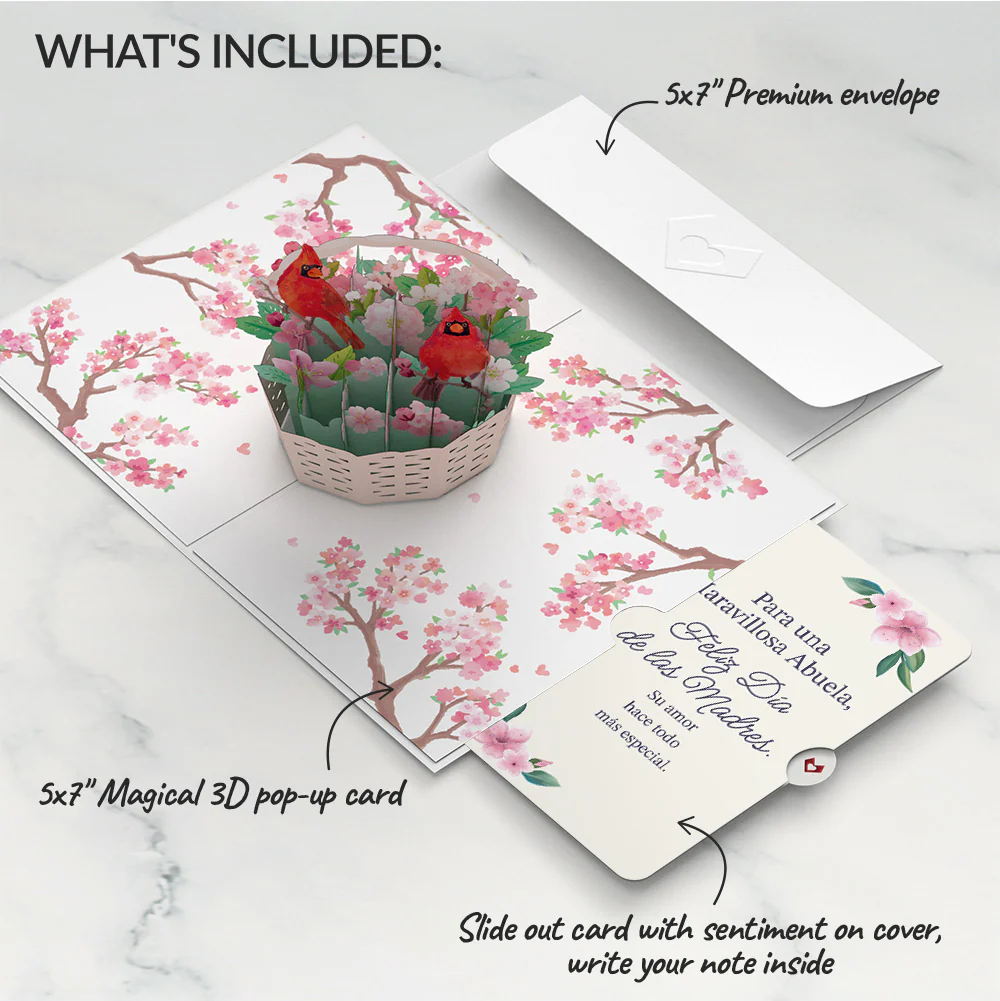 Cherry Blossom Basket with Cardinals Mother's Day Pop-Up Card and Sentiment Set for Spanish Grandmother - Image 2