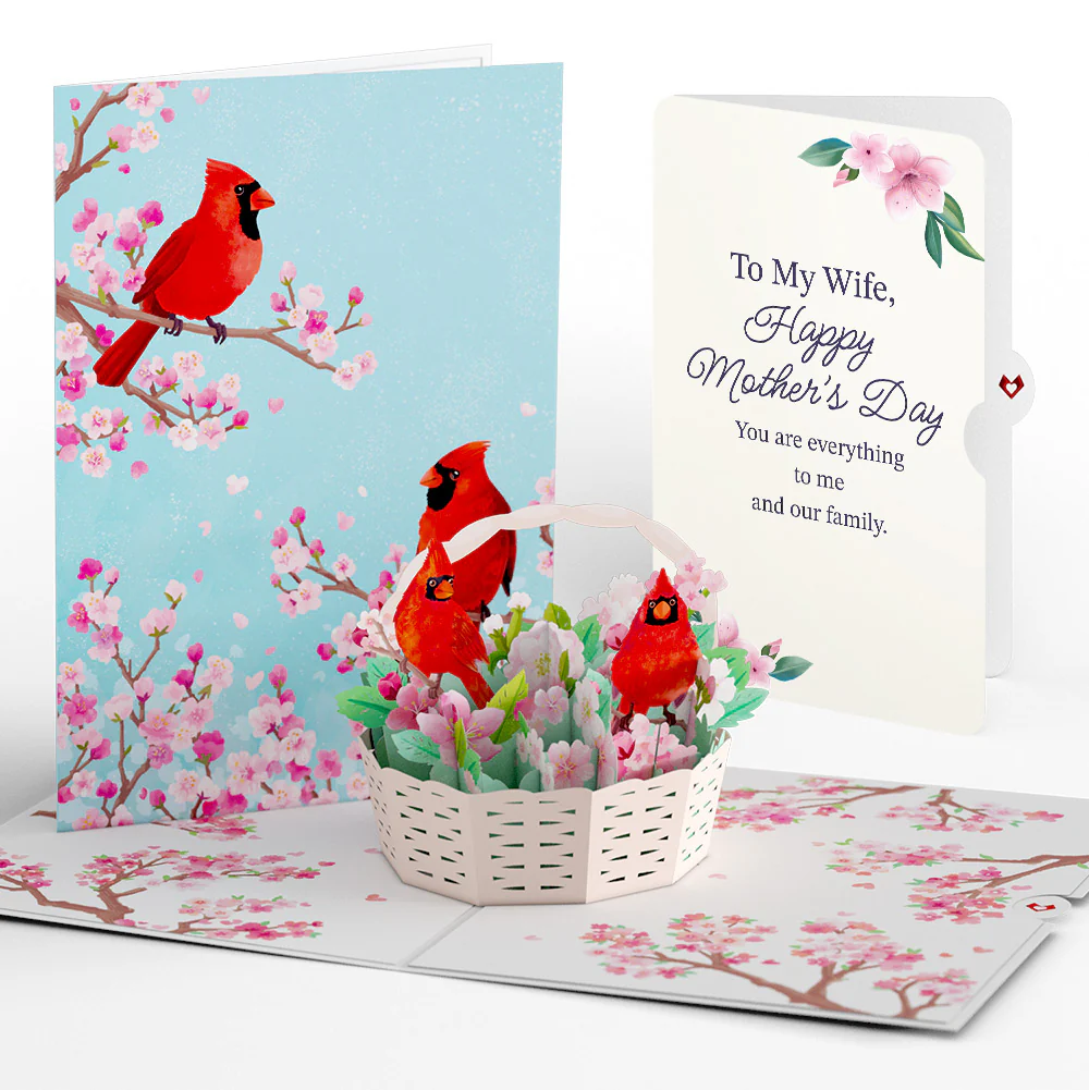 Cherry Blossom Basket with Cardinals Mother's Day Pop-Up Card and Sentiment Set for Wife