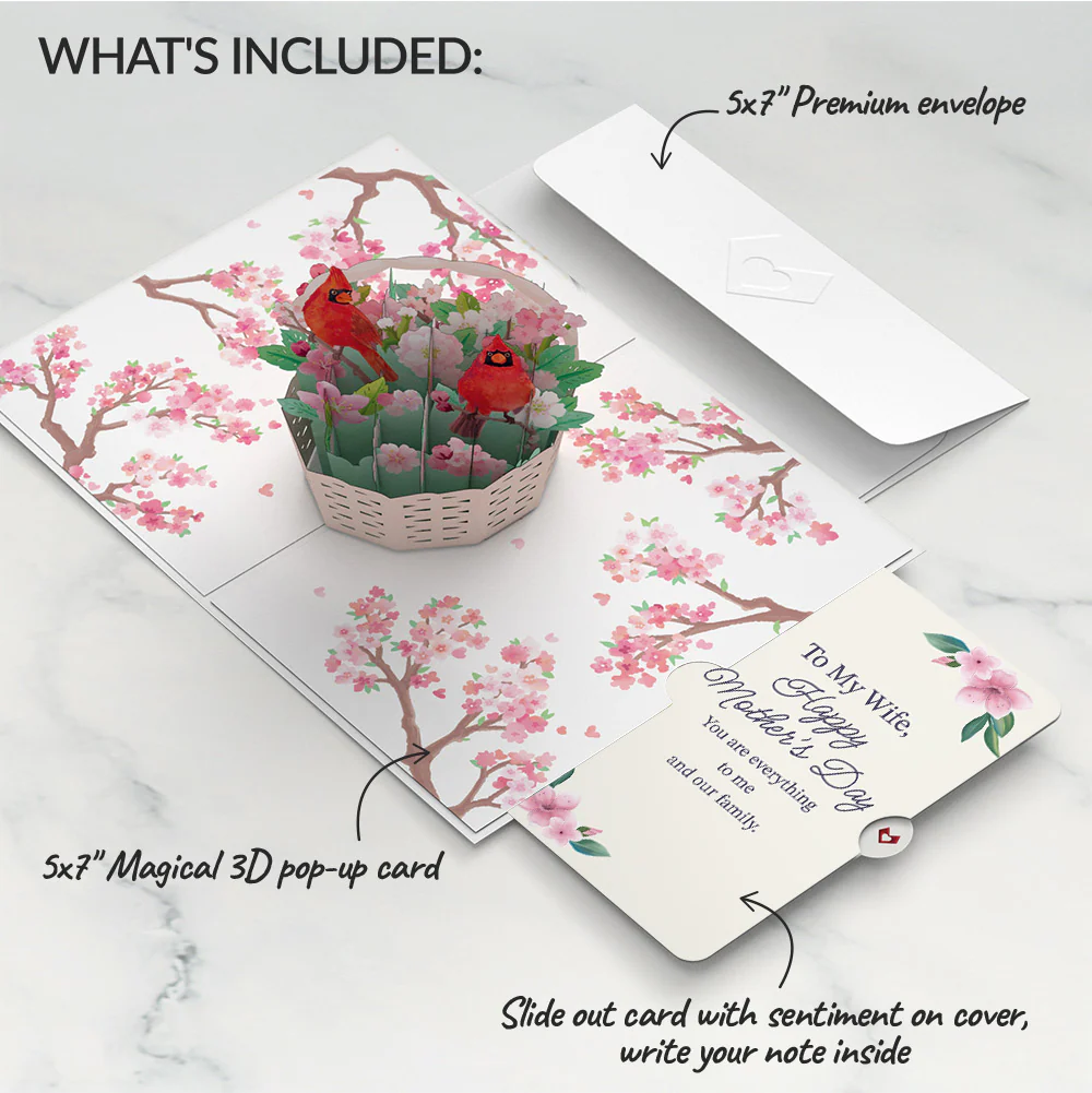 Cherry Blossom Basket with Cardinals Mother's Day Pop-Up Card and Sentiment Set for Wife - Image 2