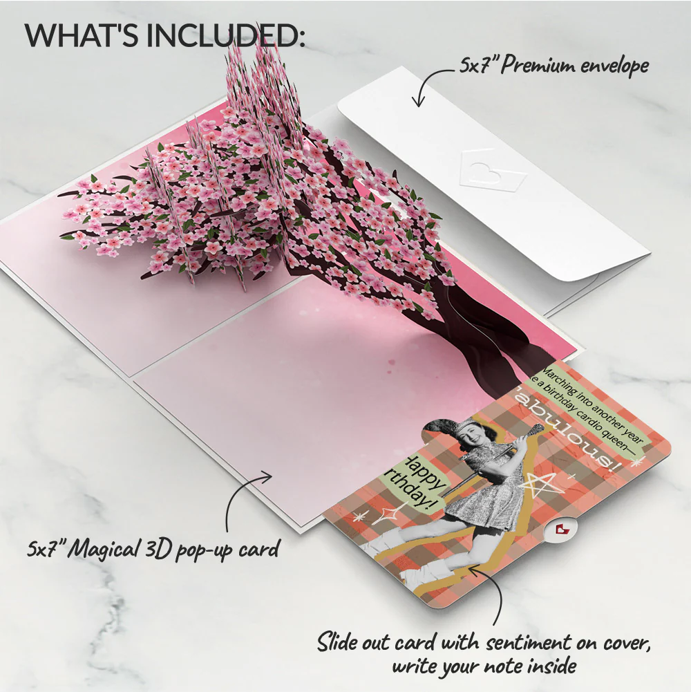 Cherry Blossom Branches in Bloom Birthday Pop-Up Card and Cardio Queen Sentiment Set - Image 2