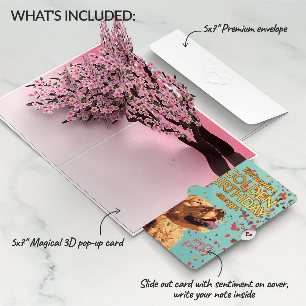 Cherry Blossom Branches in Bloom Birthday Pop-Up Card and Golden Energy Sentiment Set - Image 2