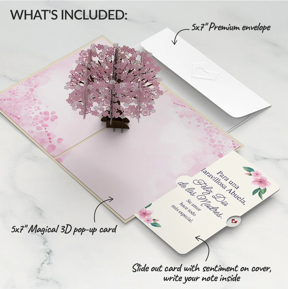 Cherry Blossom Mother's Day Pop-Up Card and Sentiment Set for Spanish Grandmother - Image 2