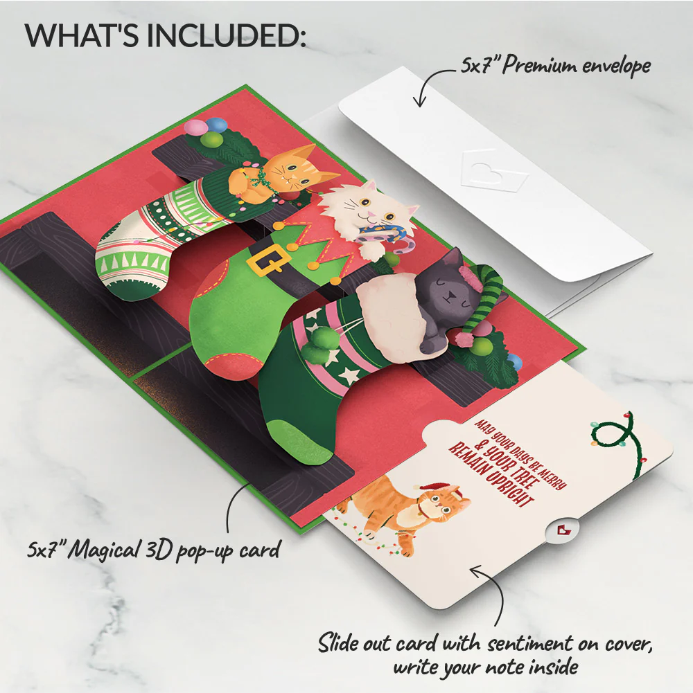 Christmas Cat Stockings Pop-Up Card and Funny Sentiment Set - Image 2
