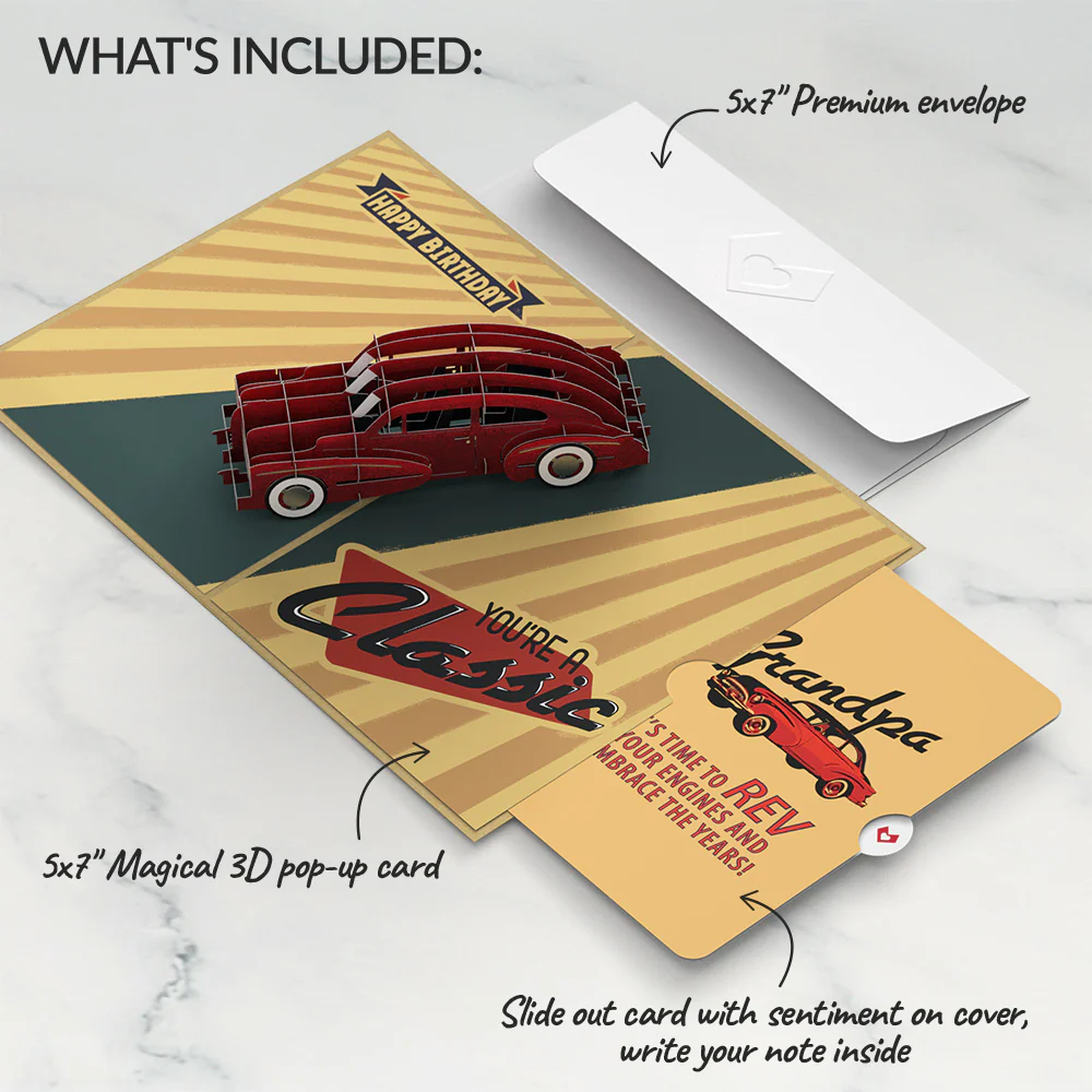 Classic Car Birthday Pop-Up Card and Sentiment Set for Grandpa - Image 2