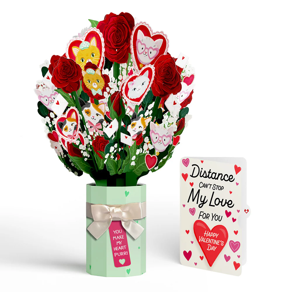 You Make My Heart Purr Cat Distance Can't Stop My Love Valentine Bouquet and Sentiment Set