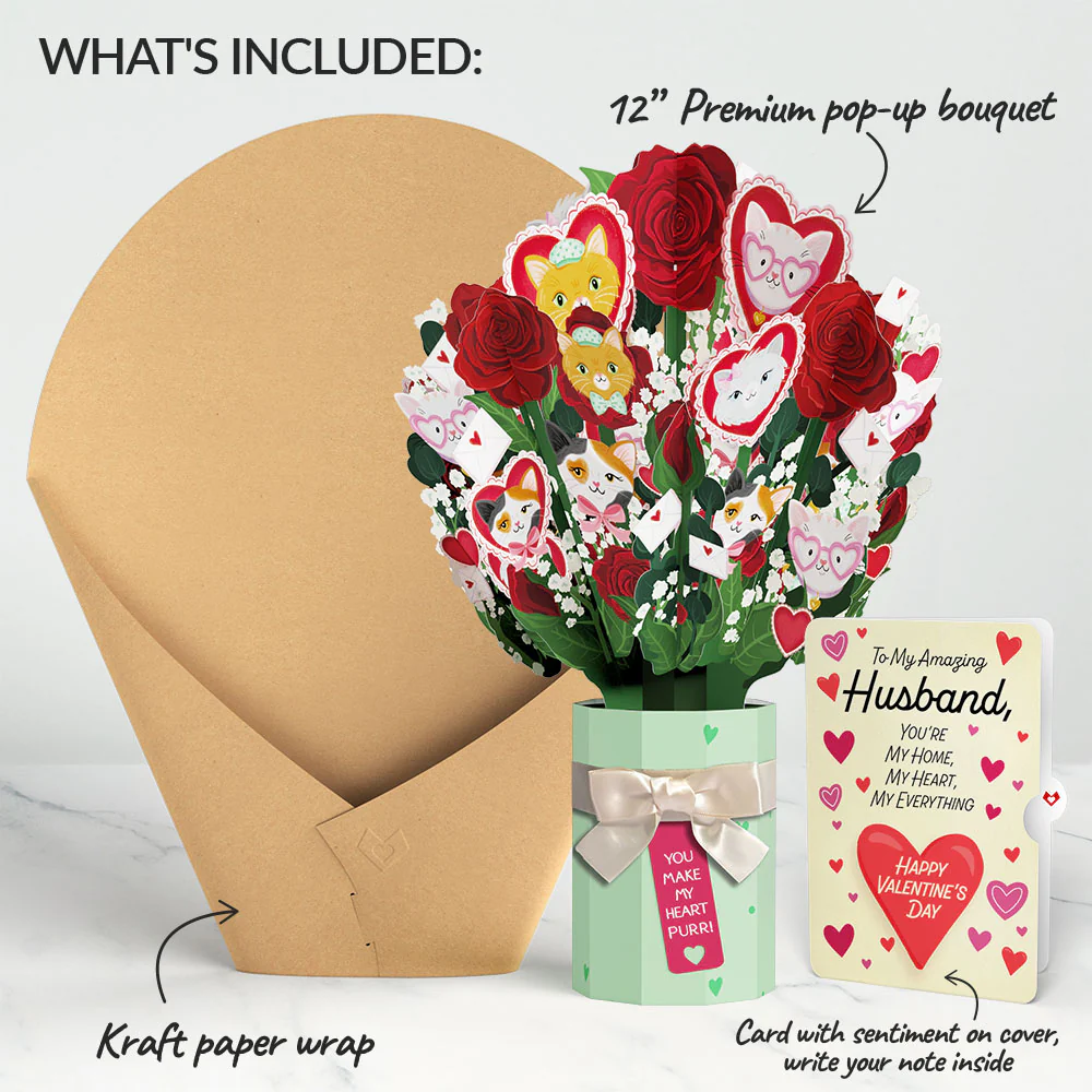 You Make My Heart Purr Cat Valentine Bouquet and Sentiment Set for Husband - Image 2