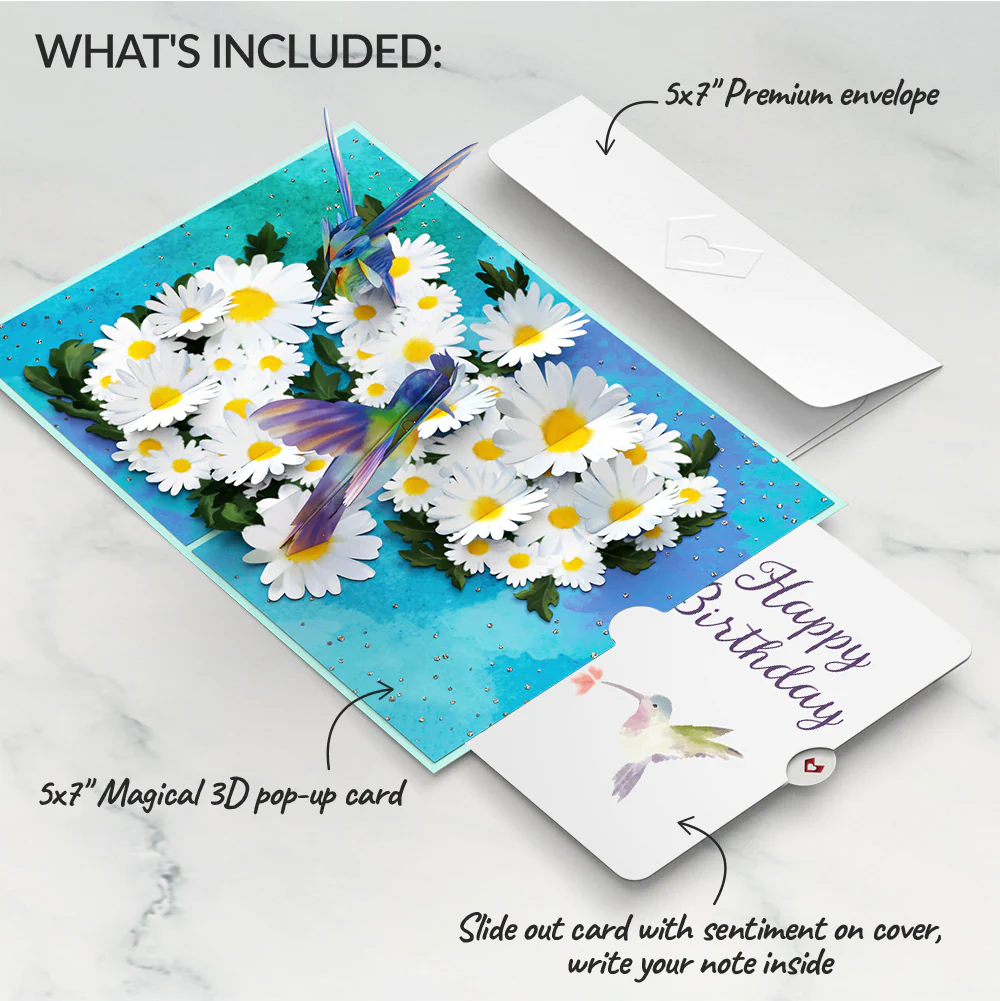 Daisy Patch Hummingbirds Birthday Pop-Up Card and Hummingbird Kisses Sentiment Set - Image 2