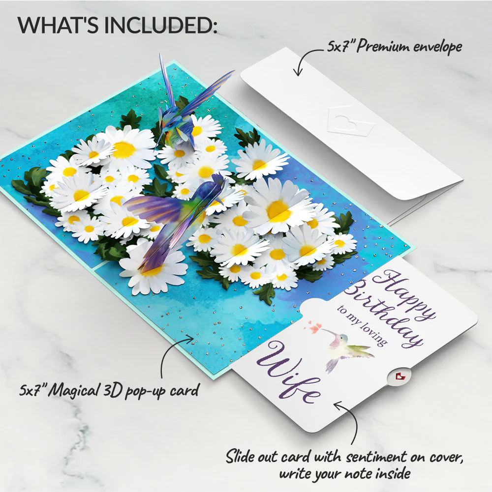 Daisy Patch Hummingbirds Birthday Pop-Up Card and Sentiment Set for Wife - Image 2