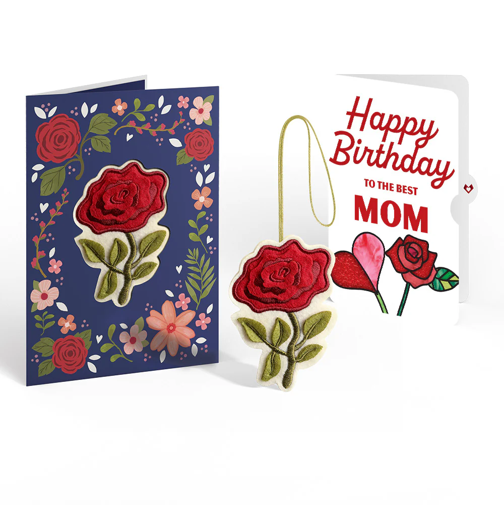 Everlasting Rose Birthday HeartFelt Charm Card™ and Rose Heart Bloom Sentiment Set for Mom