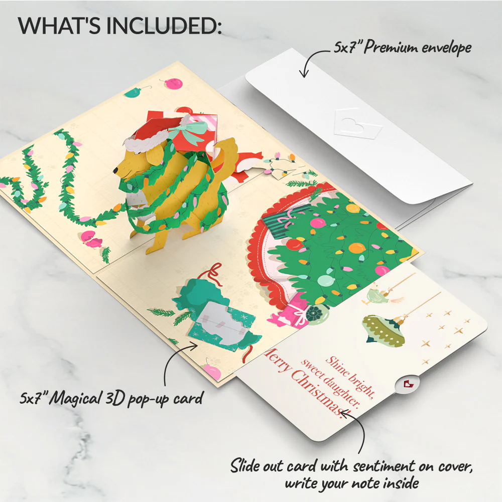 Feliz Naughty Dog Christmas Pop-Up Card and Twinkling Ornaments Sentiment Set for Daughter - Image 2