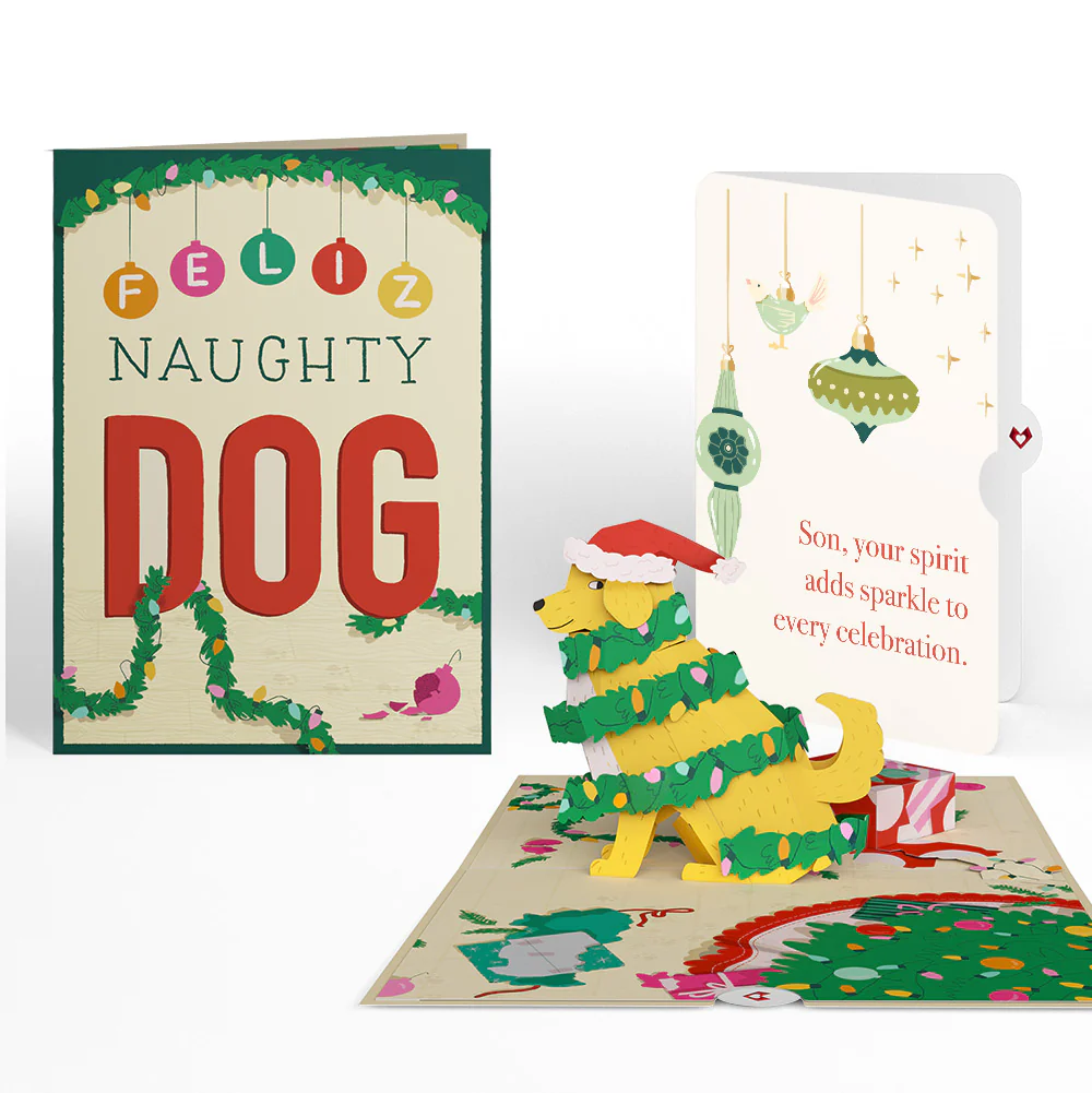 Feliz Naughty Dog Christmas Pop-Up Card and Twinkling Ornaments Sentiment Set for Son