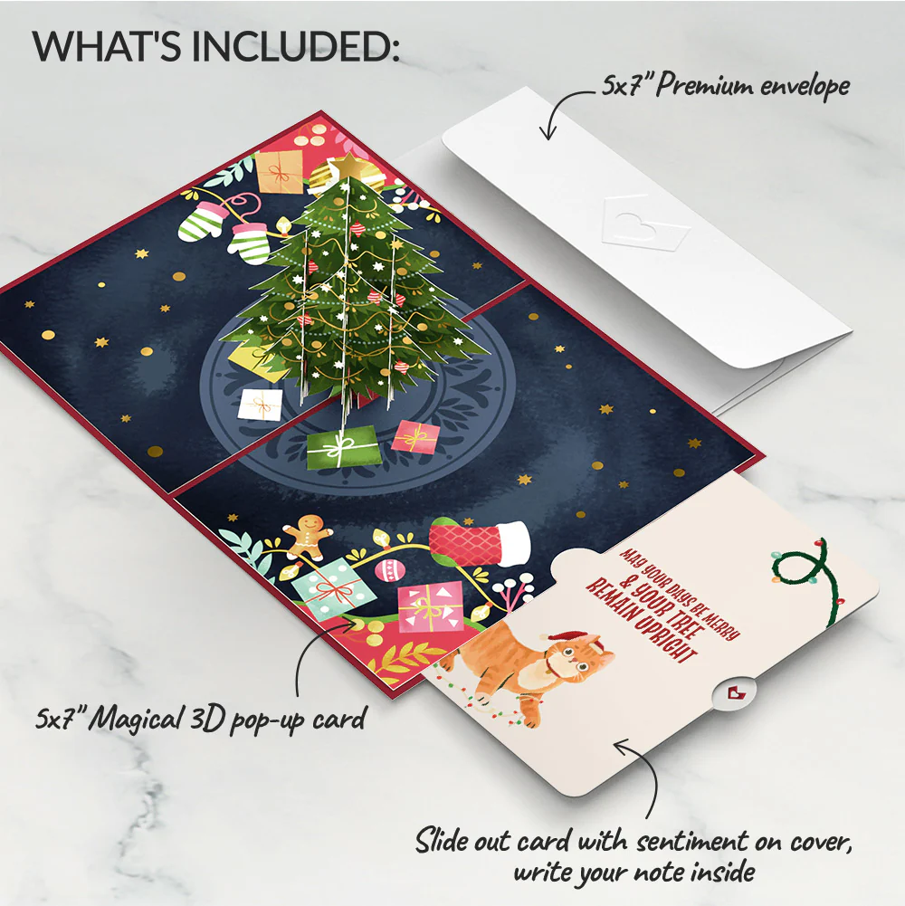 Festive Christmas Tree Pop-Up Card and Funny Cat Sentiment Set - Image 2