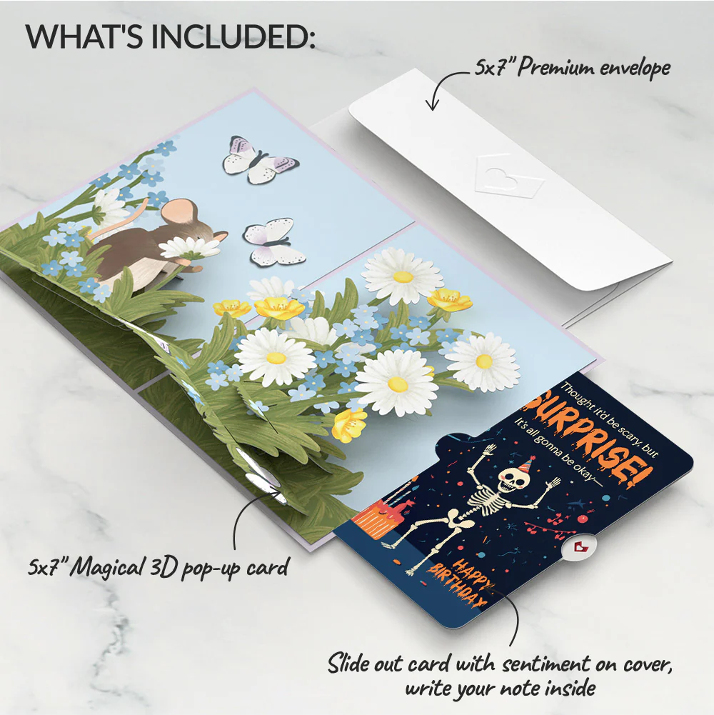 Field Mouse in the Flowers Birthday Pop-Up Card and Surprise Skeleton Sentiment Set - Image 2