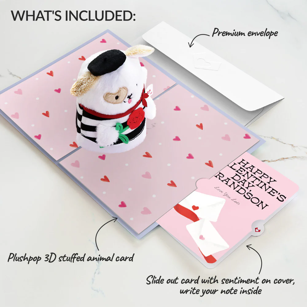 French Love Dog Valentine Plushpop Card and Sentiment Set for Grandson - Image 2