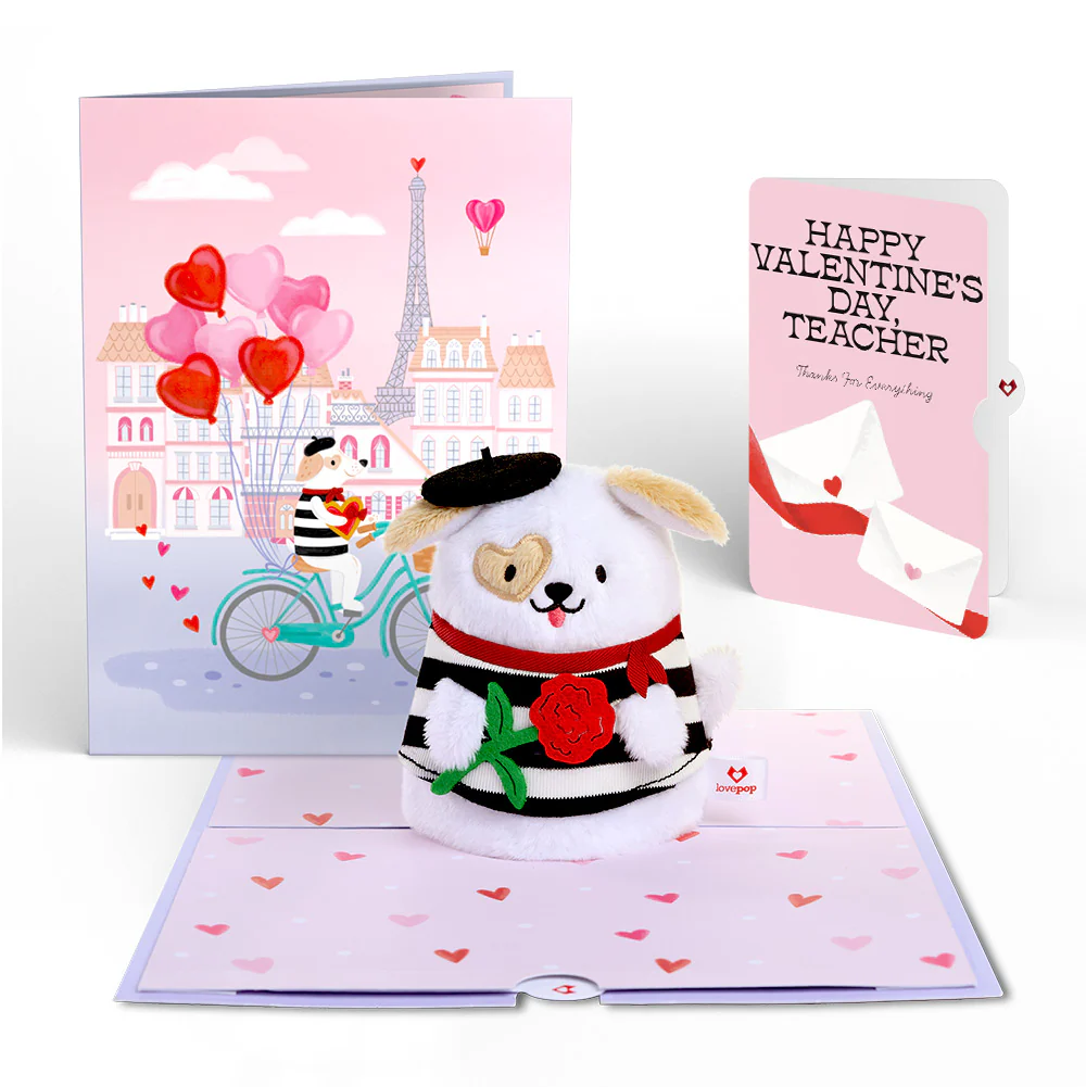 French Love Dog Valentine Plushpop Card and Sentiment Set for Teacher