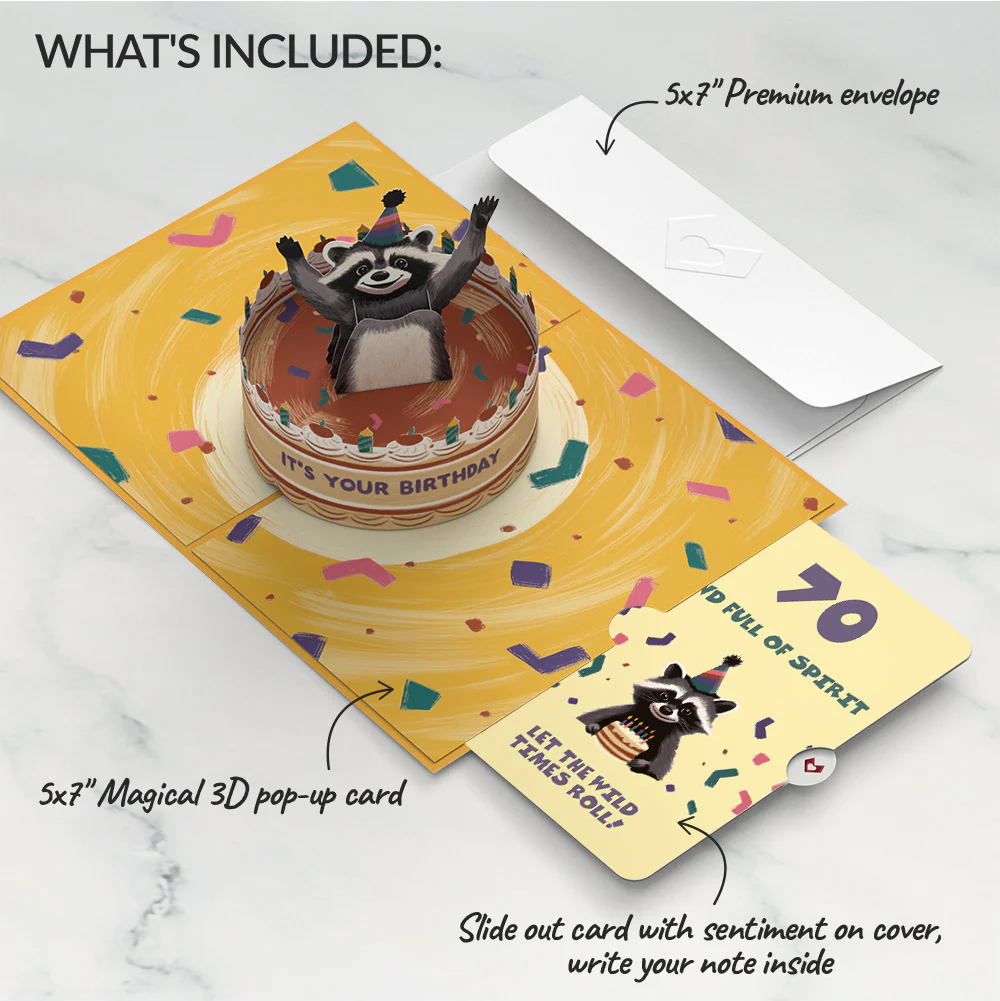 Go Feral Raccoon 70th Birthday Pop-Up Card and Sentiment Set - Image 2