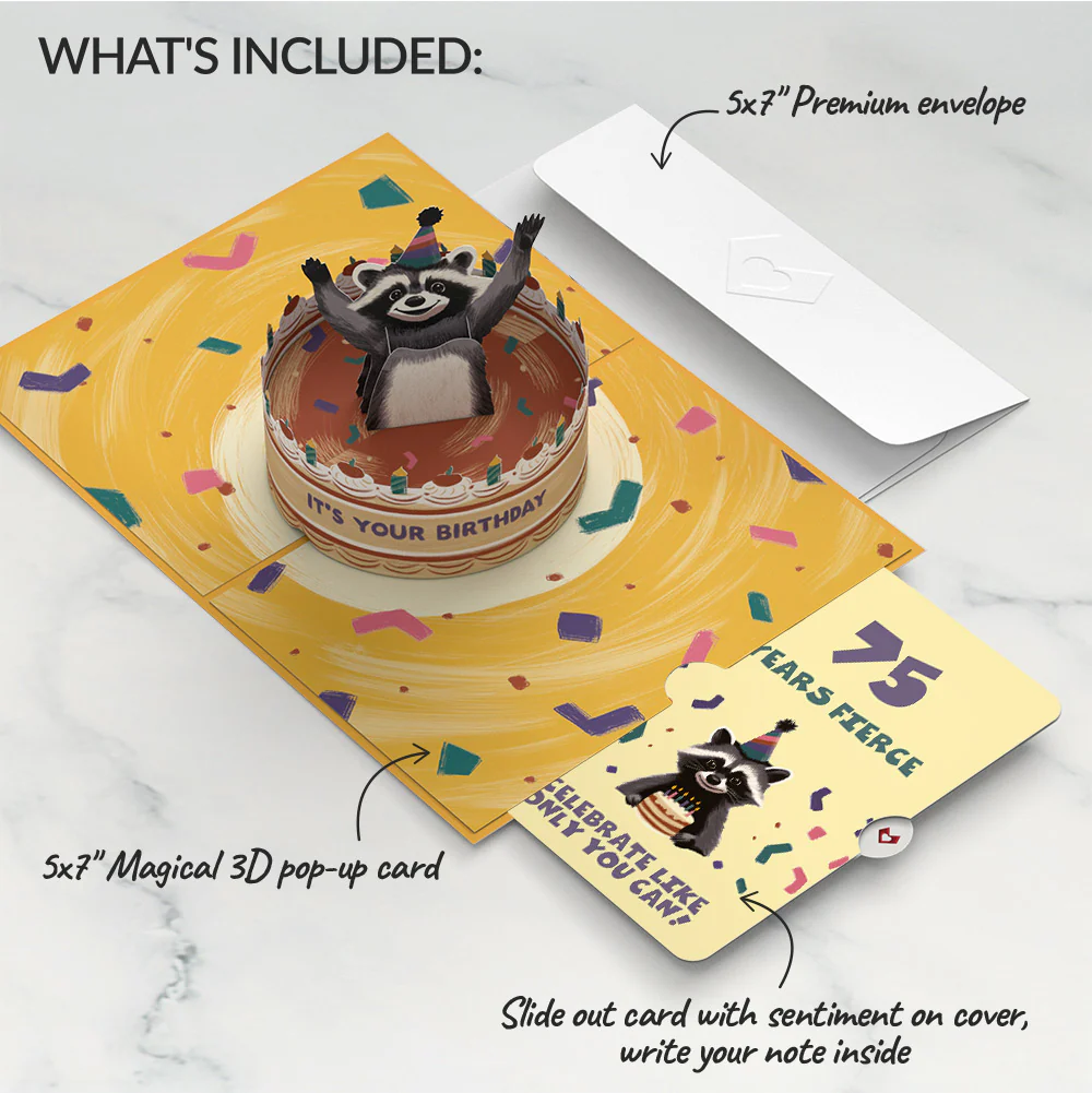 Go Feral Raccoon 75th Birthday Pop-Up Card and Sentiment Set - Image 2