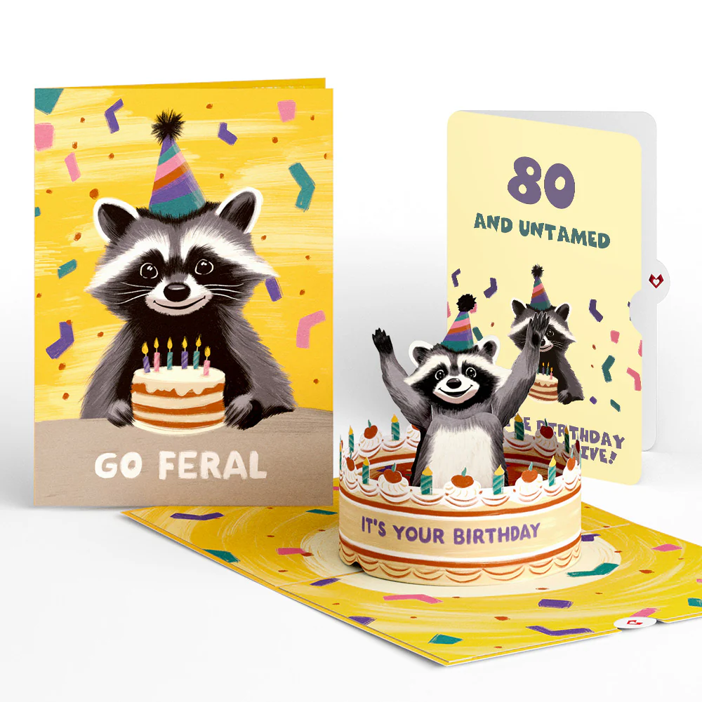 Go Feral Raccoon 80th Birthday Pop-Up Card and Sentiment Set