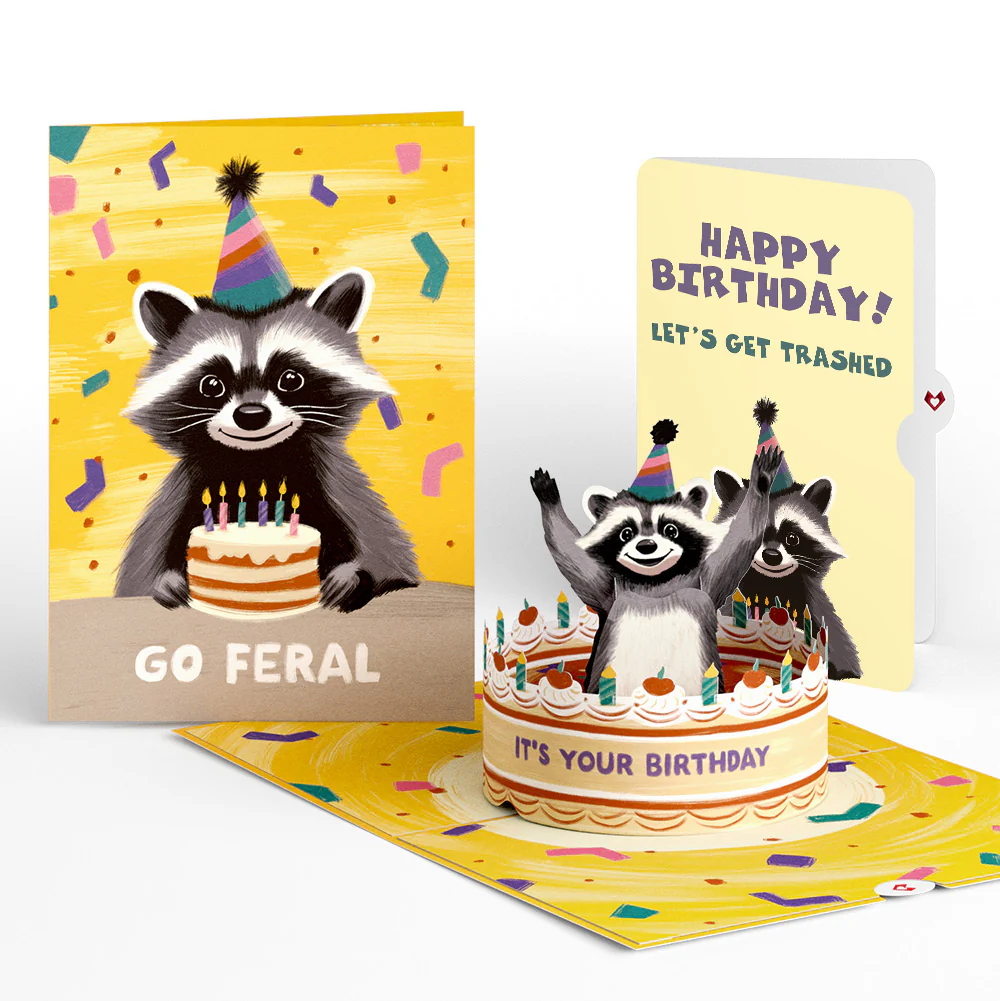 Go Feral Raccoon Birthday Pop-Up Card and Party Raccoon Let's Get Trashed Sentiment Set
