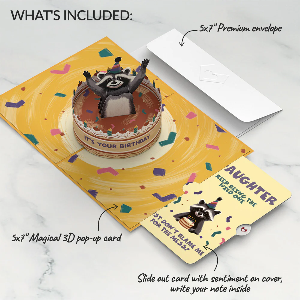 Go Feral Raccoon Birthday Pop-Up Card and Sentiment Set for Daughter - Image 2