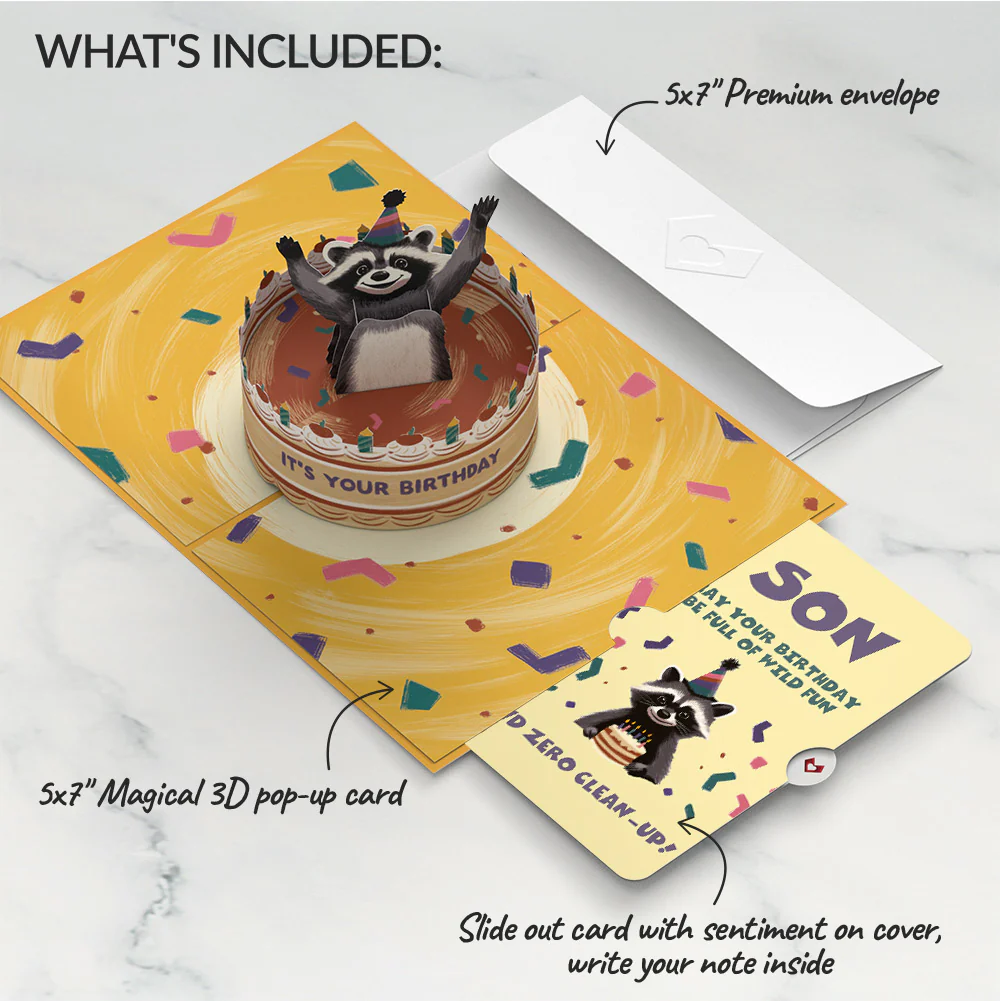 Go Feral Raccoon Birthday Pop-Up Card and Sentiment Set for Son - Image 2