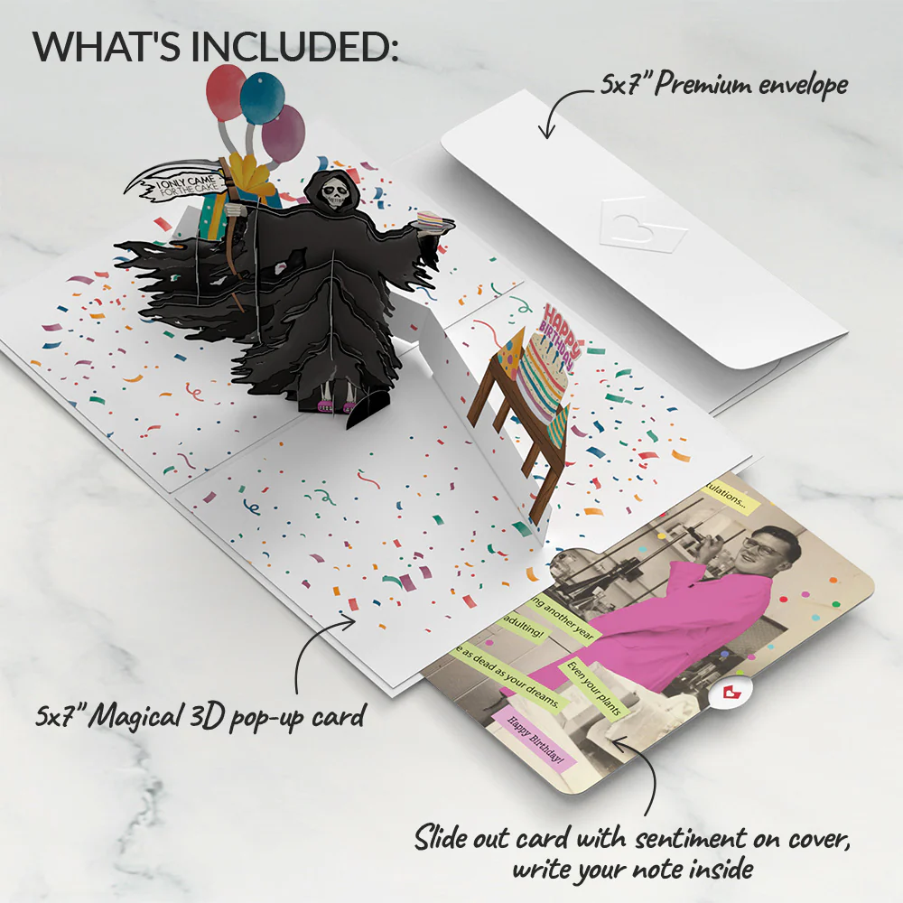 Grim Reaper Dark Humor Birthday Pop-Up Card and Sentiment Set for Any Man - Image 2