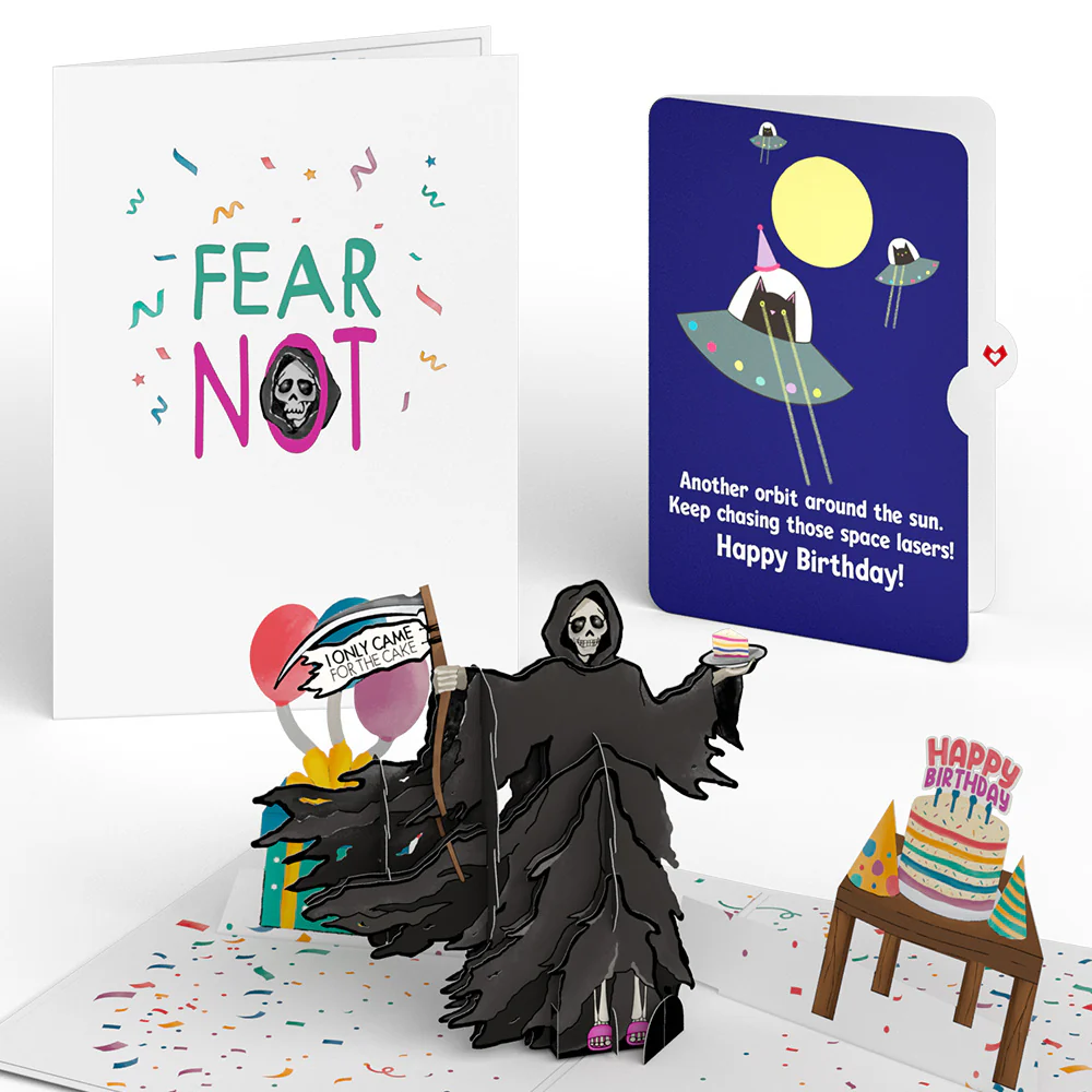 Grim Reaper Dark Humor Birthday with Space Laser Cats Pop-Up Card and Sentiment Set