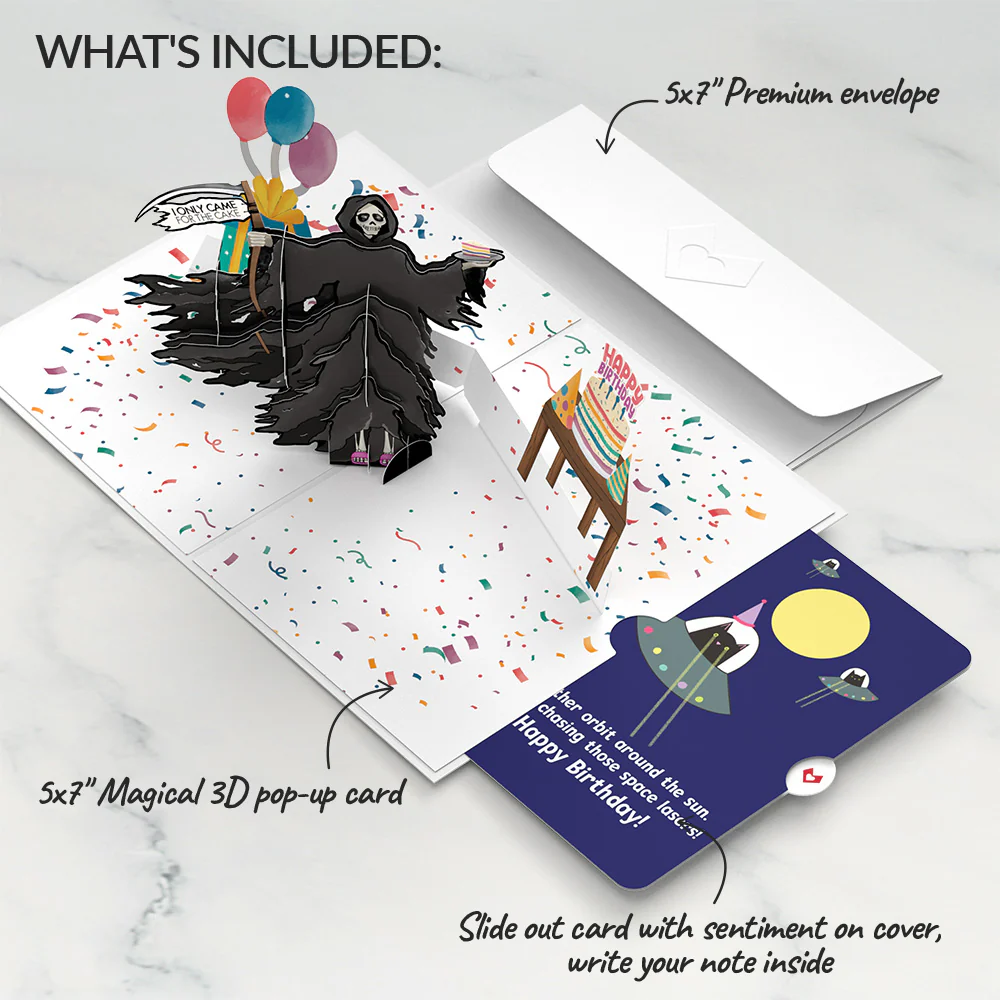 Grim Reaper Dark Humor Birthday with Space Laser Cats Pop-Up Card and Sentiment Set - Image 2