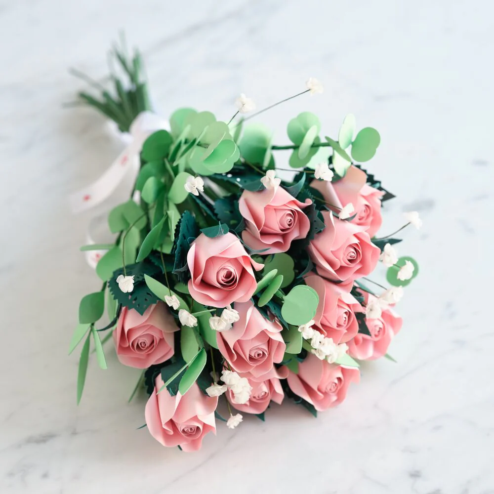 Handcrafted Paper Flowers: Pink Roses (12 Stems) with Monarch Butterfly Pop-Up Card - Image 2