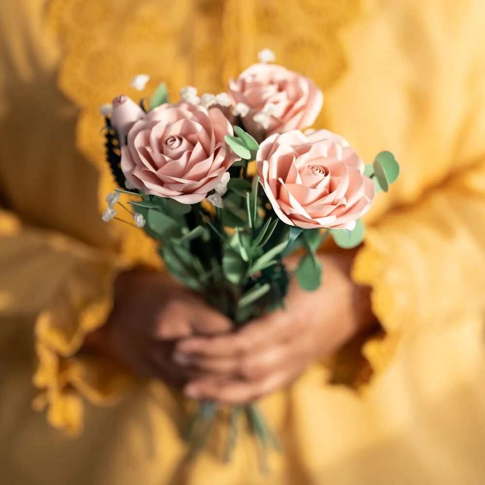Handcrafted Paper Flowers: Pink Roses (6 Stems) with Monarch Butterfly Pop-Up Card - Image 2